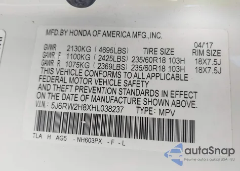 2017 Honda Cr-V Ex-L/Ex-L Navi z USA, uszkodzony, nr VIN 5J6RW2H8XHL038237